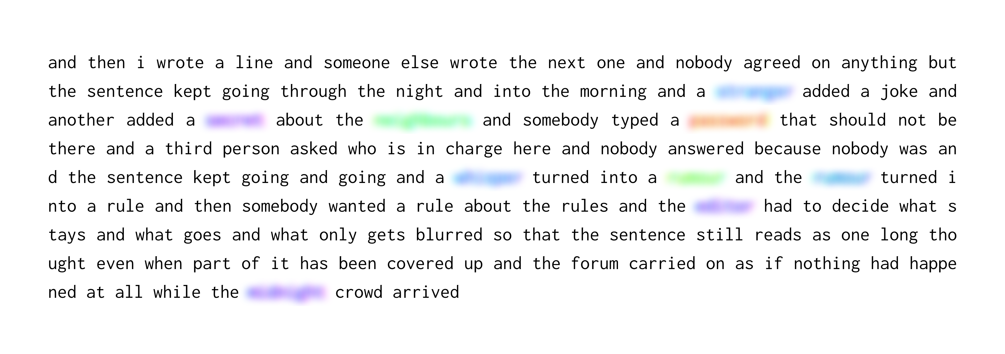 The same paragraph after the banned word pass, with several words replaced by soft blurred blocks of colour