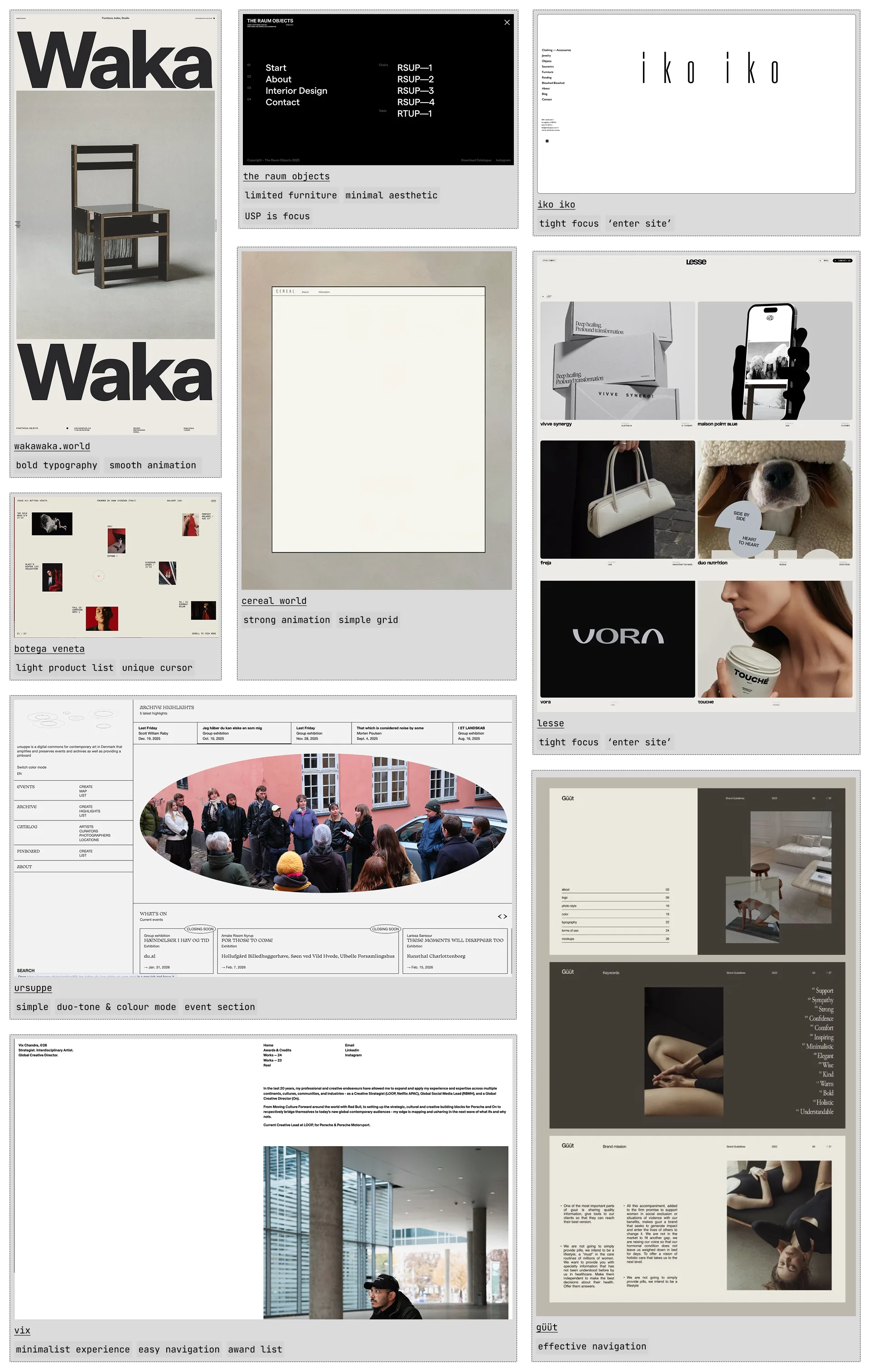 Exploration board: type studies for the studio name, above a set of annotated reference sites