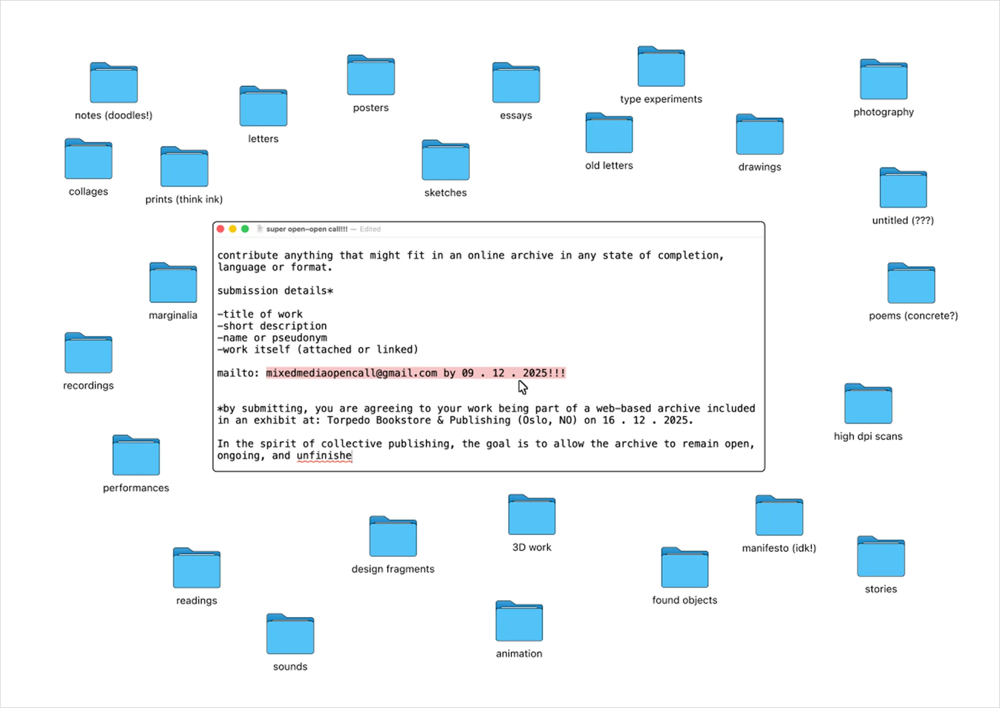 The open call: the archive's folder taxonomy, and the submission window that went out with it