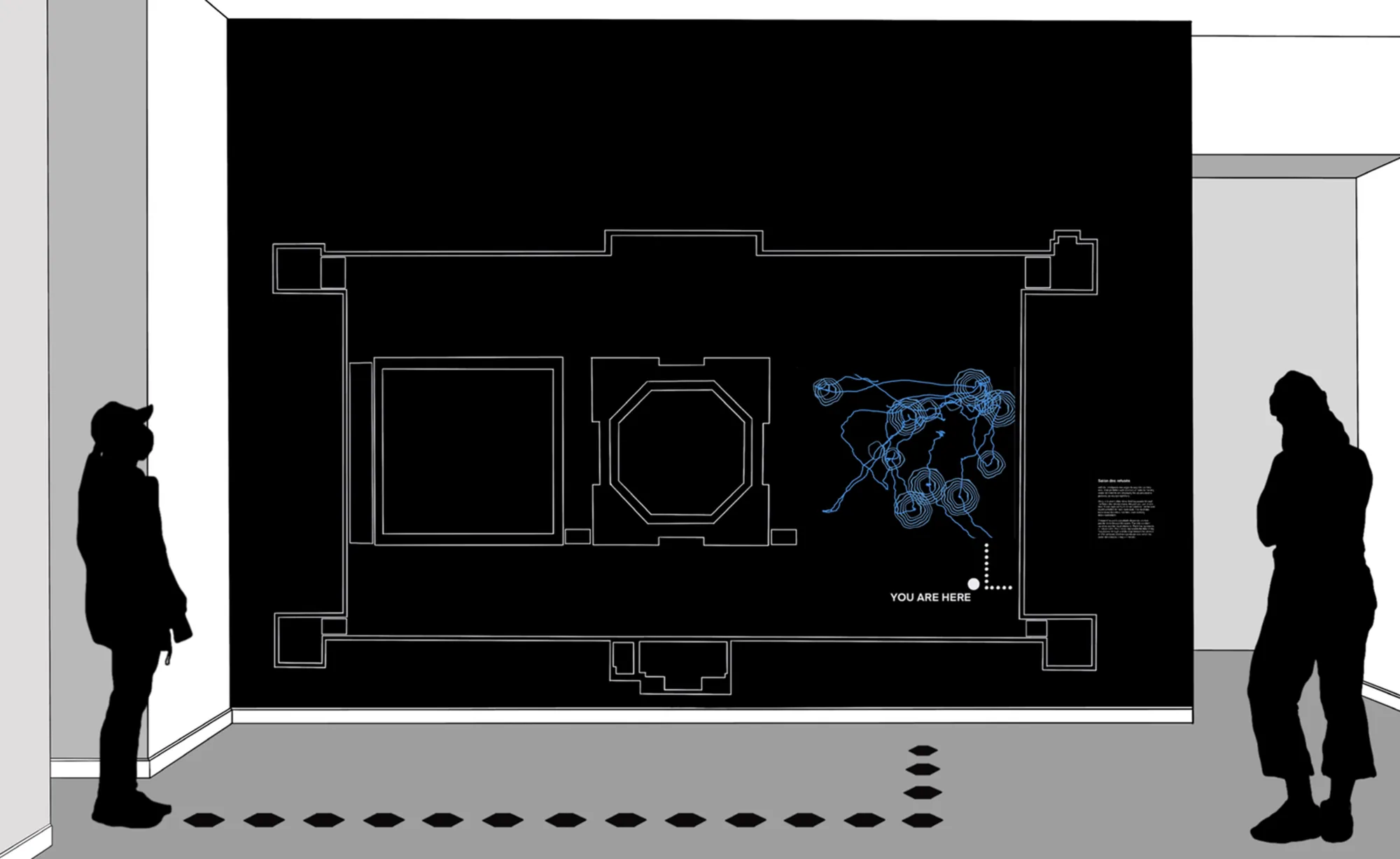 Close-up of the installation plan, showing the zones, measurements and plinth placement