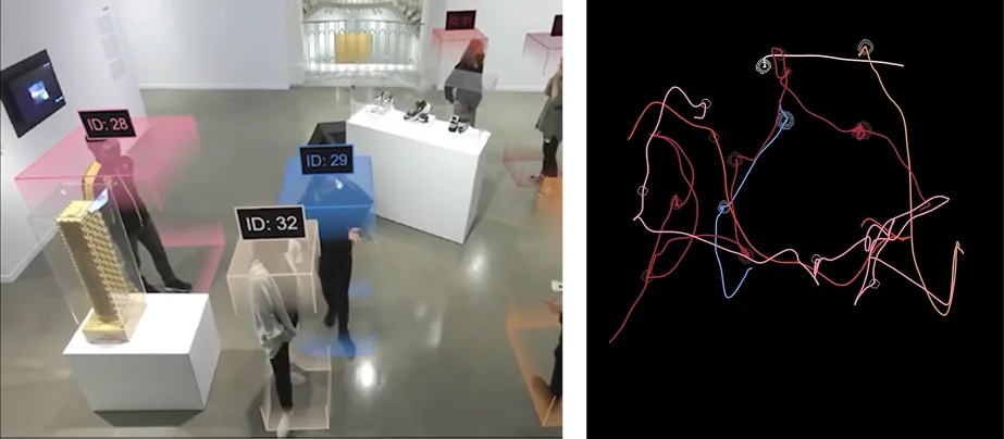 The gallery space and the paths recorded in it, shown side by side